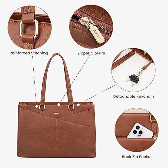 Laptop Tote Bag for Women, Office Work Bag Briefcase fit Dark Vintage Brown - Picture 6 of 9